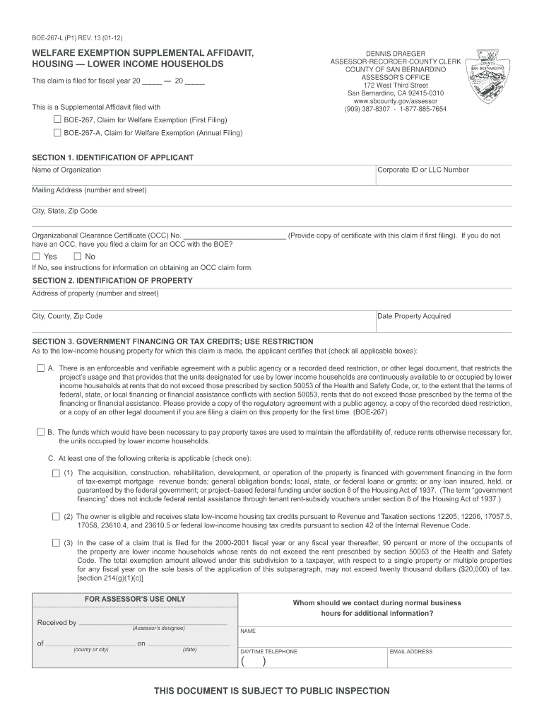 2012 Form CA San Bernardino BOE 267 L Fill Online Printable Fillable 
