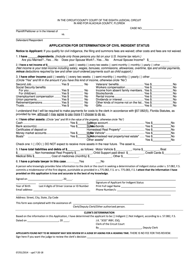 2018 2020 Form FL Application For Determination Of Civil Indigent 