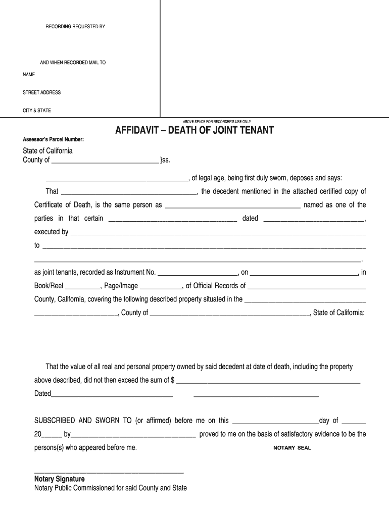 Affidavit Death Of Joint Tenant Fill Out And Sign Printable PDF 