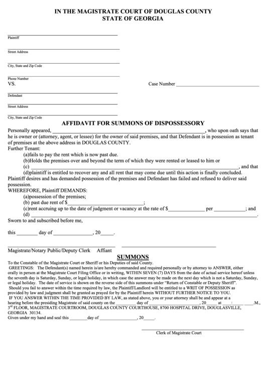 Affidavit For Summons Of Dispossessory Form Printable Pdf Download