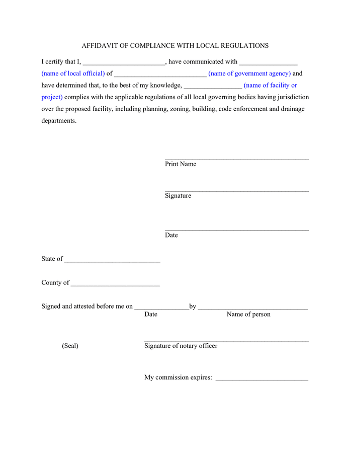 Affidavit Of Compliance With Local Regulations In Word And Pdf Formats