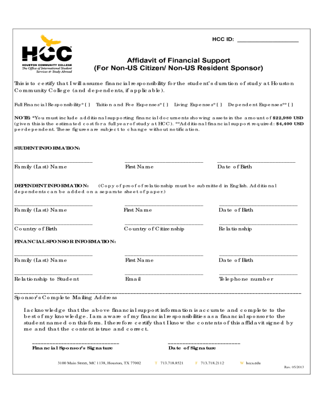 Affidavit Of Financial Support Form Houston Community College System 