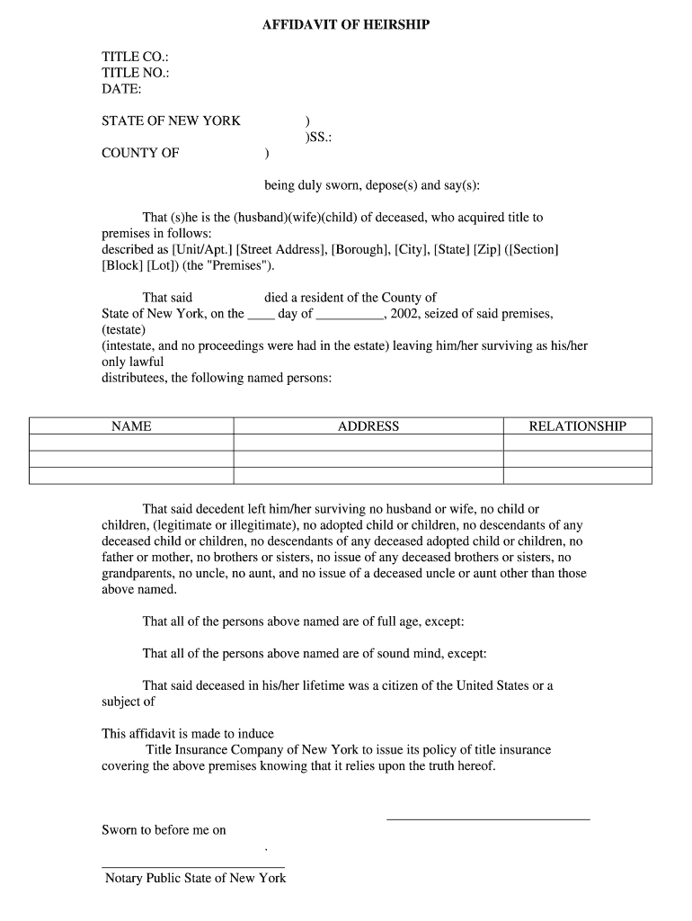 Affidavit Of Heirship New York Fill Online Printable Fillable 