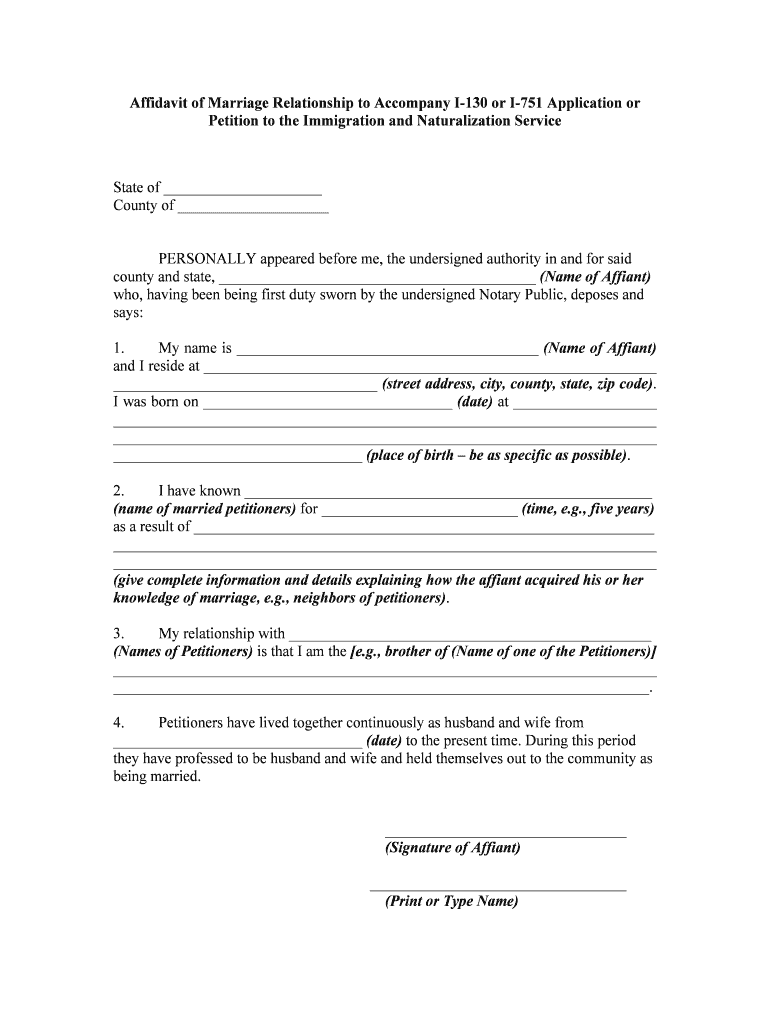 Affidavit Of Marriage Relationship To Accompany I 130 Or I 751 