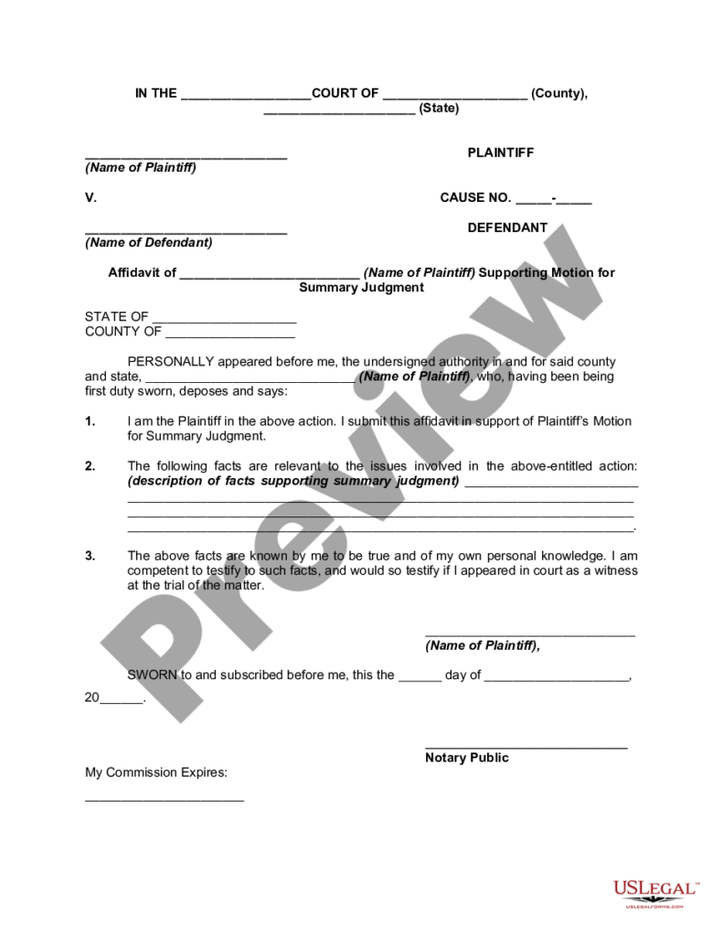 Affidavit Of Plaintiff Supporting Motion For Summary Judgment By 