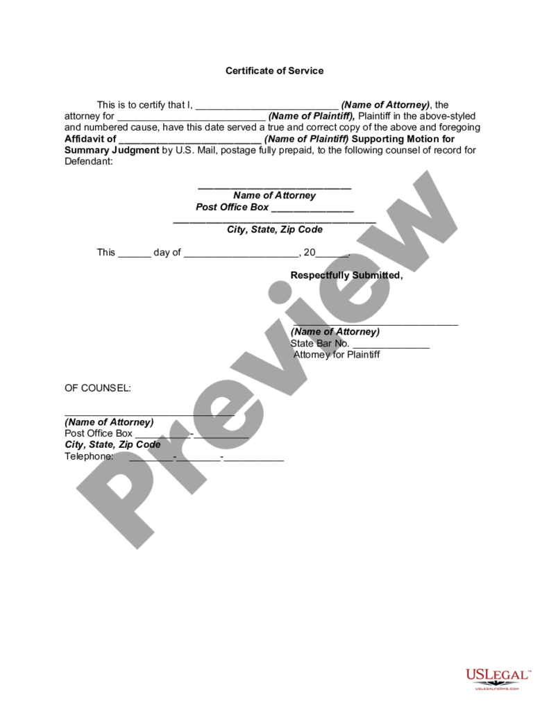 Affidavit Of Plaintiff Supporting Motion For Summary Judgment By 