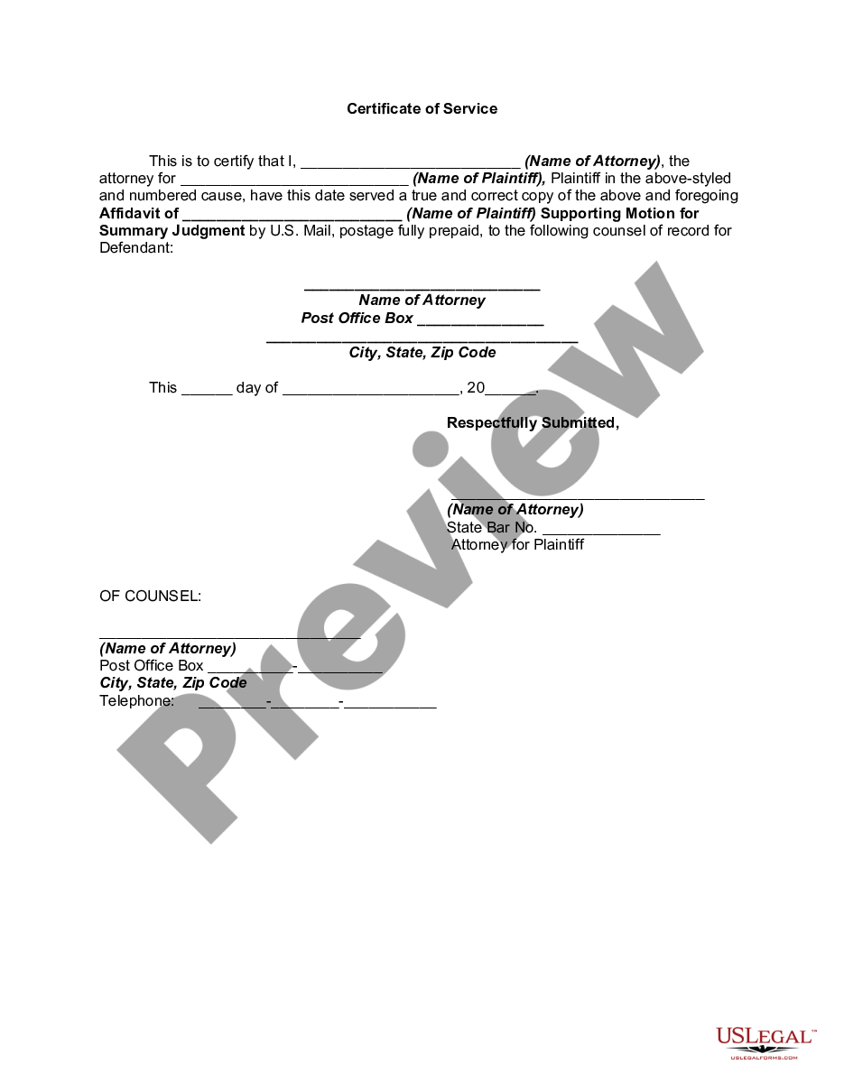 Affidavit Of Plaintiff Supporting Motion For Summary Judgment By