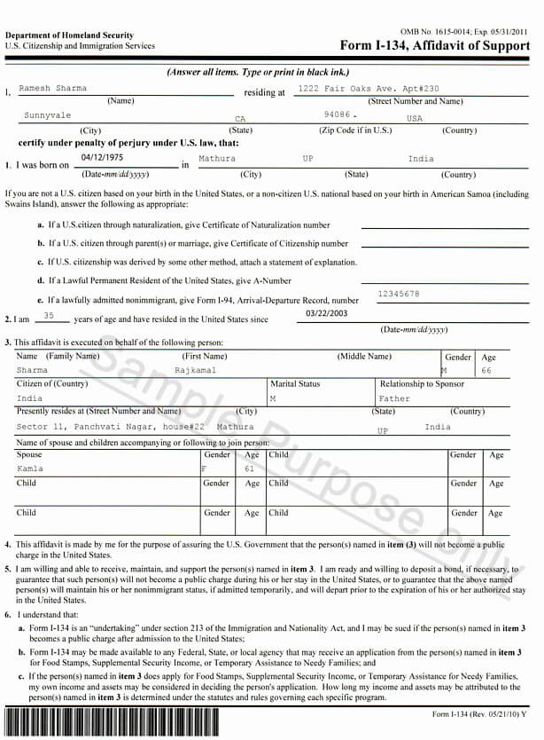 Affidavit Of Support I 134 For Visitor Visa