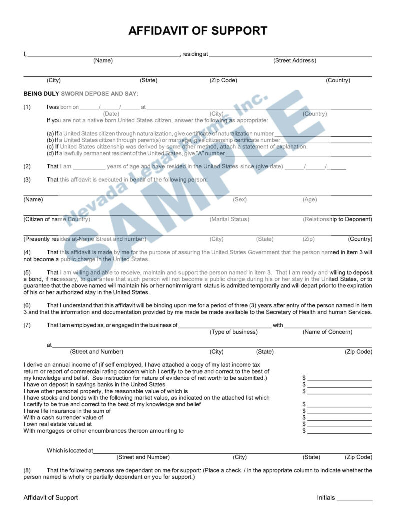 AFFIDAVIT OF SUPPORT Nevada Legal Forms Services