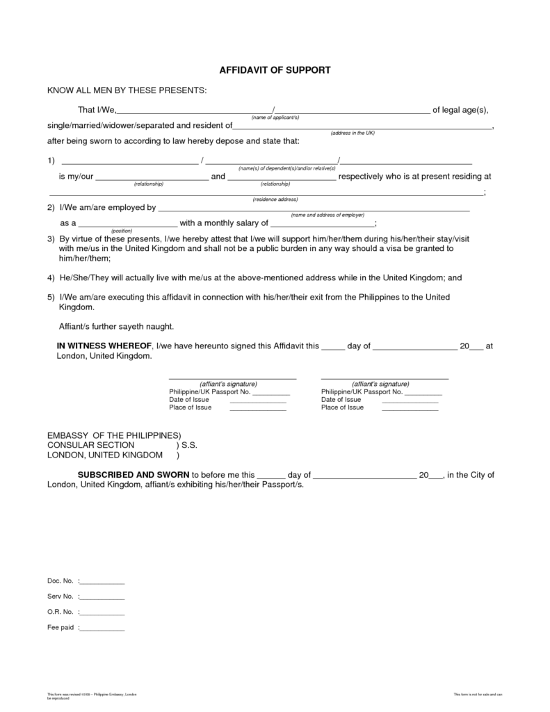 Affidavit Of Support Sample Free Printable Documents