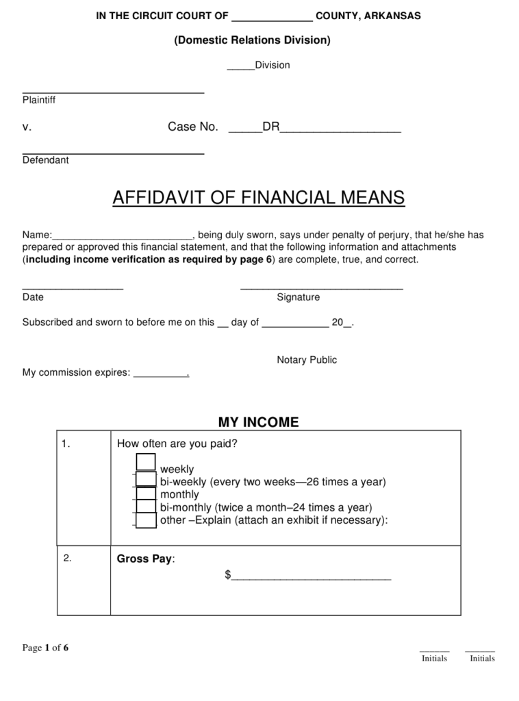 Arkansas Affidavit Of Financial Means Download Fillable PDF 