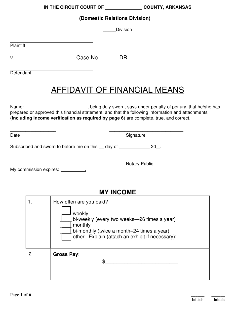 Arkansas Affidavit Of Financial Means Download Fillable PDF