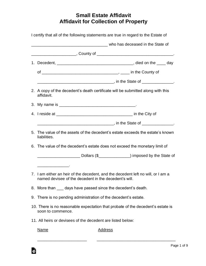 Best Free Printable Small Estate Affidavit Form Katrina Blog