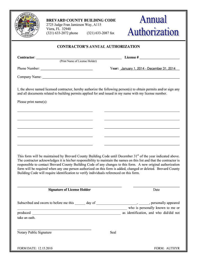 Brevard County Subcontractor Authorization Fill Out And Sign 