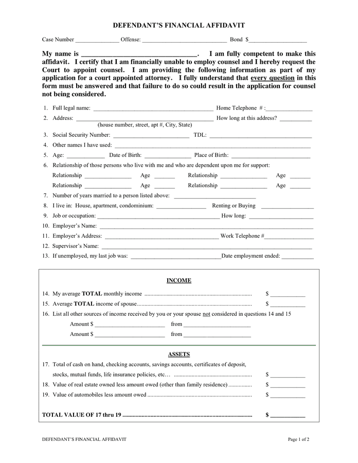 Defendant s Financial Affidavit In Word And Pdf Formats