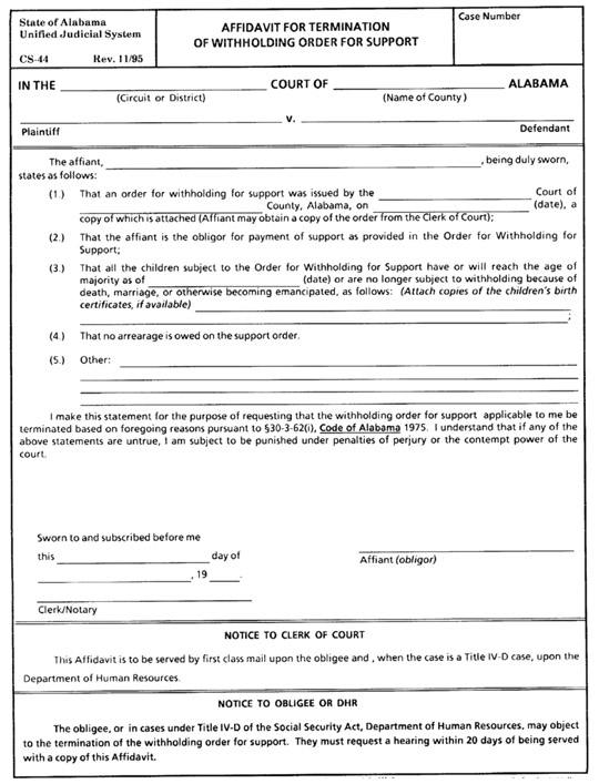 Download Affidavit For Termination Of Withholding Order For Support Form