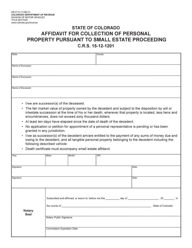 Download Free Colorado Small Estate Affidavit Form DR2712 Form Download