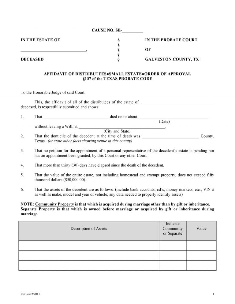 Download Free Galveston County Texas Small Estate Affidavit Form Form 
