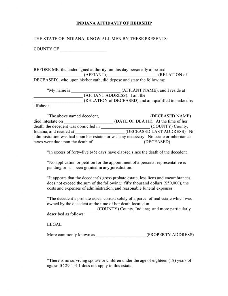 Download Free Indiana Affidavit Of Heirship Form Form Download
