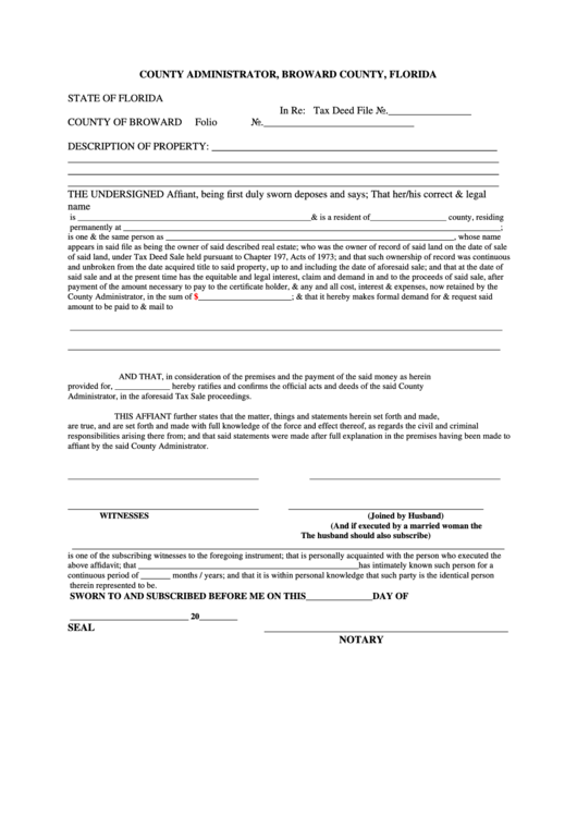 Fillable Affidavit Form Of County Of Broward Florida Printable Pdf 