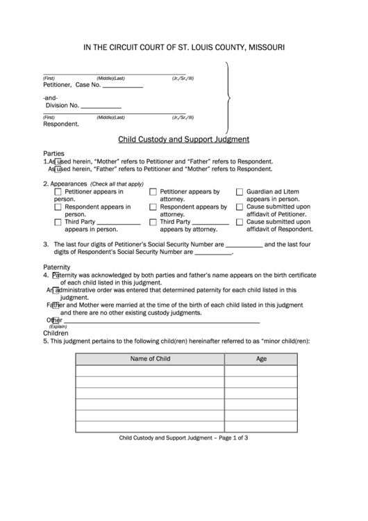 Fillable Child Custody And Support Judgment Form St Louis County 