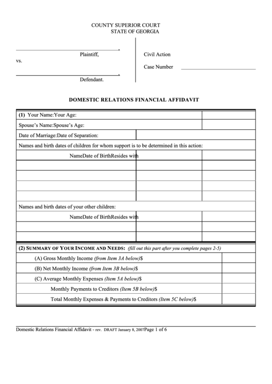Fillable Domestic Relations Financial Affidavit Printable Pdf Download