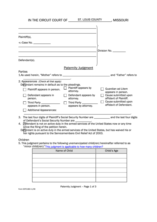 Fillable Form Ccfc189 11 09 Paternity Judgment Form St louis County 