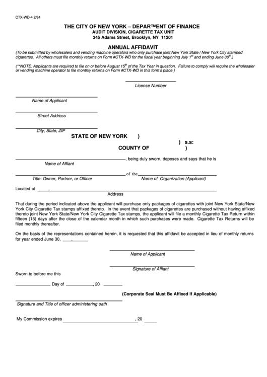 Fillable Form Ctx Wd 4 Annual Affidavit The City Of New York 