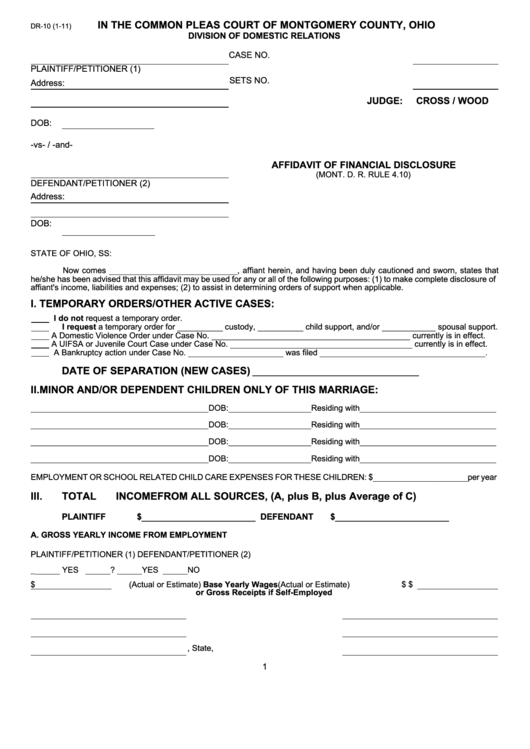 Fillable Form Dr 10 Affidavit Of Financial Disclosure In The Common