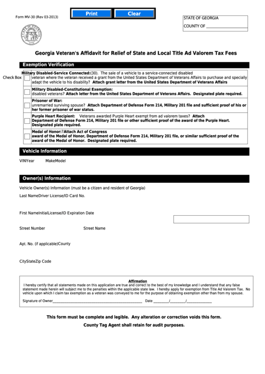 Fillable Form Mv 30 Georgia Veteran S Affidavit For Relief Of State 