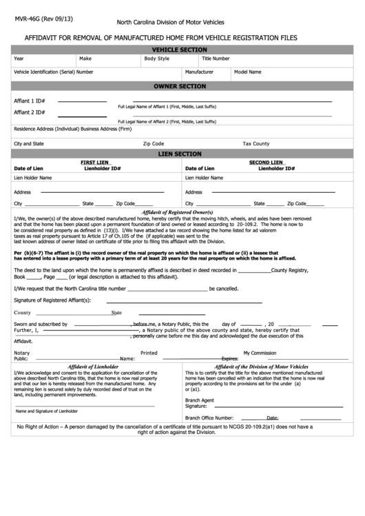 Fillable Form Mvr 46g Affidavit For Removal Of Manufactured Home From 