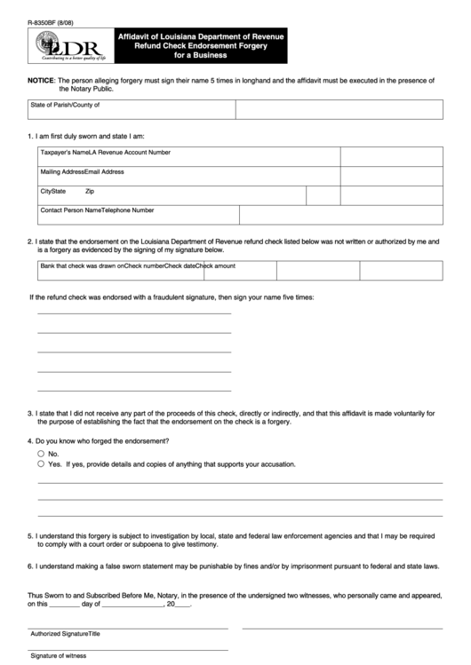 Fillable Form R 8350bf Affidavit Of Louisiana Department Of Revenue 