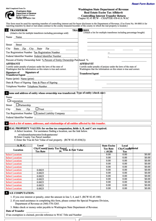 Fillable Form Rev 84 0001be Real Estate Excise Tax Affidavit 