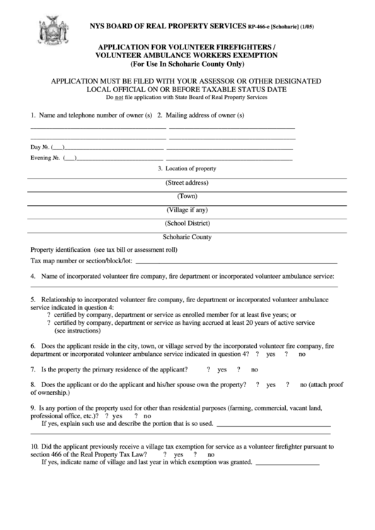 Fillable Form Rp 466 E Schoharie Application For Volunteer 