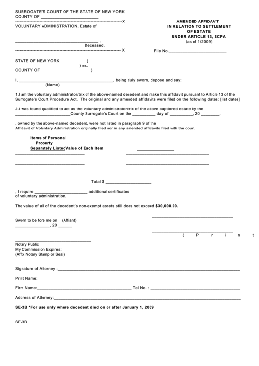 Fillable Form Se 3b Amended Affidavit Form In Relation To Settlement 