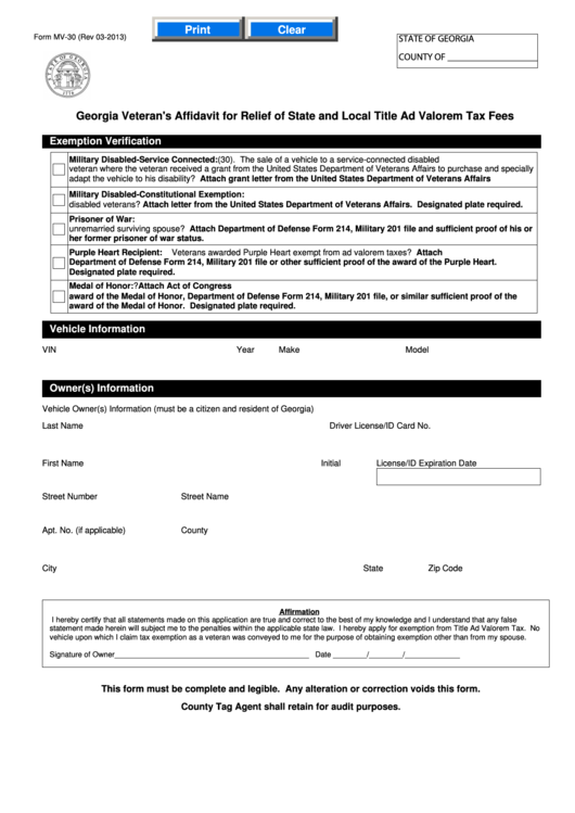 Fillable Georgia Form Mv 30 Georgia Veteran S Affidavit For Relief Of 