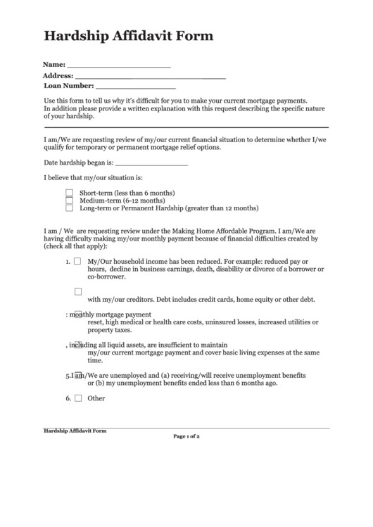 Fillable Hardship Affidavit Form Printable Pdf Download