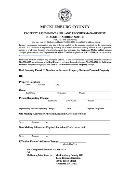 Fillable Mecklenburg County Change Of Address Notice Printable Pdf Download