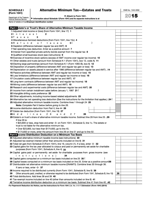 Fillable Schedule I Form 1041 Alternative Minimum Tax Estates And 