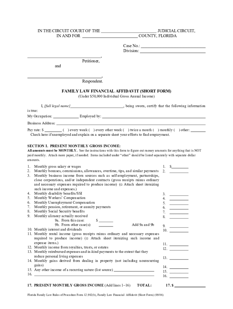 Financial Affidavit Florida Fill Online Printable Fillable Blank 