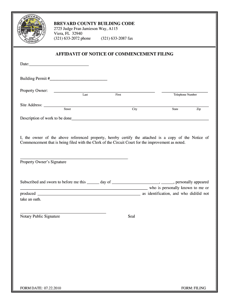 FL Affidavit Of Notice Of Commencement Filing Brevard County 2010 