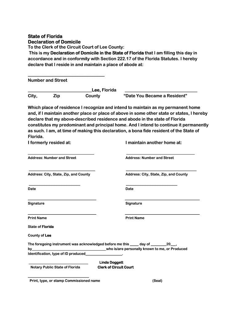 FL Declaration Of Domicile Lee County Complete Legal Document 