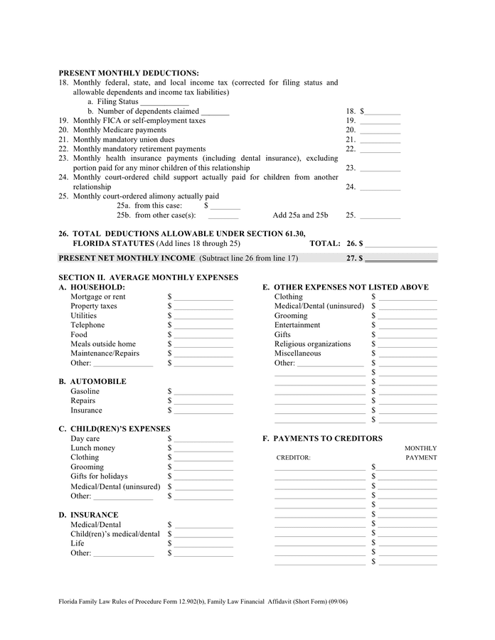 Florida Family Law Financial Affidavit short Form In Word And Pdf 