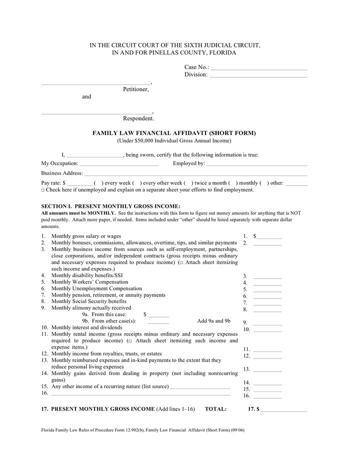 Florida Family Law Financial Affidavit short Form In Word And Pdf Formats