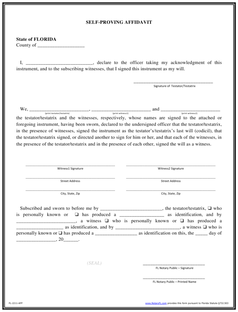Florida Self proving Affidavit Form Download Printable PDF Templateroller