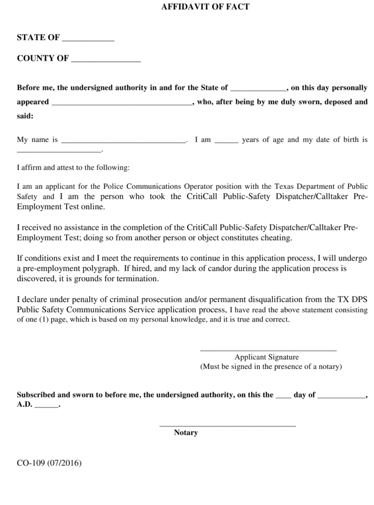 Form CO 109 Download Fillable PDF Or Fill Online Affidavit Of Fact 