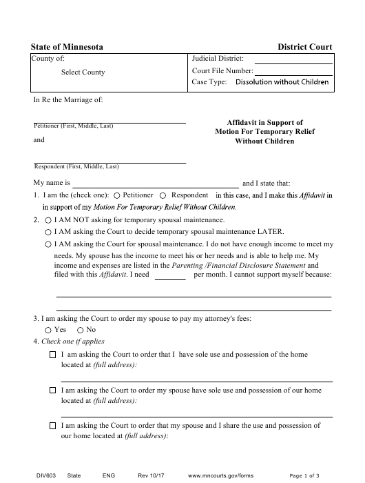 Form DIV603 Download Fillable PDF Or Fill Online Affidavit In Support 