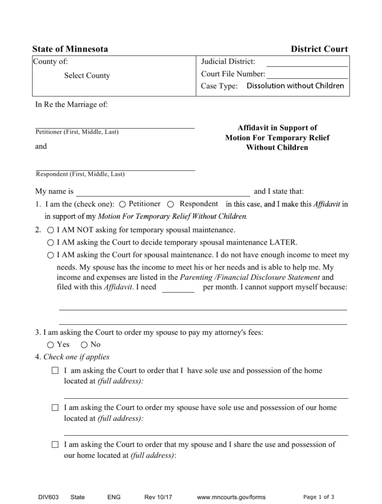 Form DIV603 Download Fillable PDF Or Fill Online Affidavit In Support 