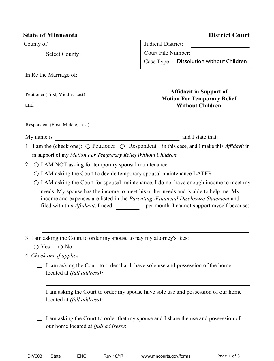 Form DIV603 Download Fillable PDF Or Fill Online Affidavit In Support