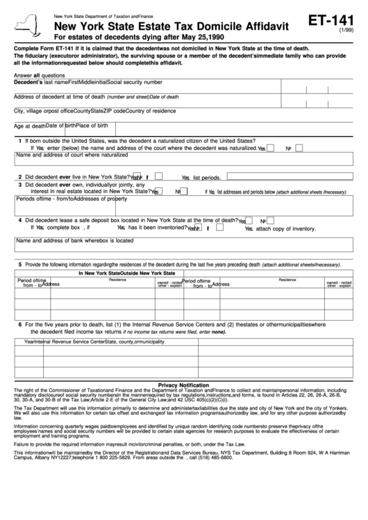Form Et 141 New York State Estate Tax Domicile Affidavit Printable 